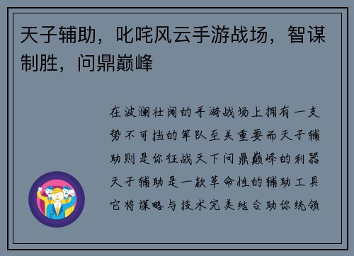 天子辅助，叱咤风云手游战场，智谋制胜，问鼎巅峰