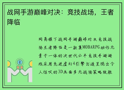 战网手游巅峰对决：竞技战场，王者降临
