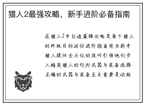 猎人2最强攻略，新手进阶必备指南