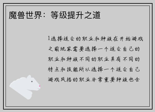 魔兽世界：等级提升之道